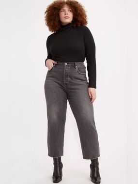 Levi’s Premium Ribcage Straight Ankle Jeans High Rise Faded Black Women 14W NWT